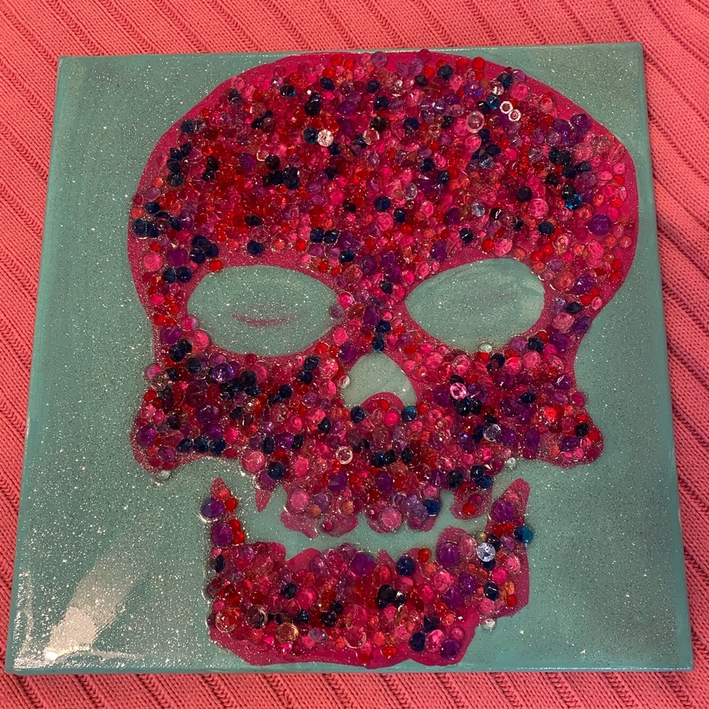 Handmade Resin Skull Art Mixed Media with glitter and crystal beads 12”x12”